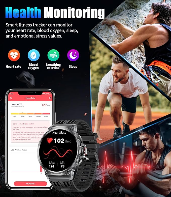 SUNKTA Military Smart Watch for Men,1.85" HD/800mAh Battery Smart Watches for Android iOS (Bluetooth Call Answer/Calls) Fitness Tracker with Heart Rate/Sleep Tracking/Blood Oxygen