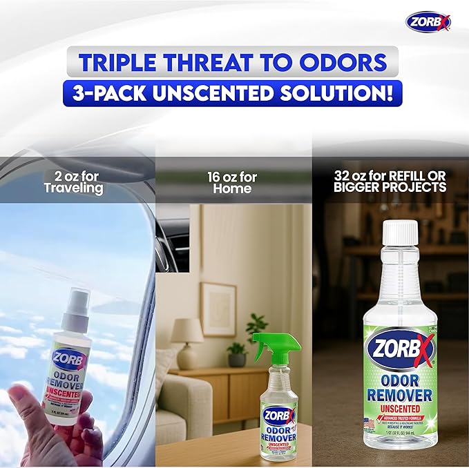 ZORBX Unscented Multipurpose Odor Eliminator 3 items Bundle: 2 Oz + 16 Oz + 32 Oz - Used in Hospitals & Healthcare Facilities - Advanced Trusted Formula - Perfect Bundle to Get Rid of Unpleasant Odors