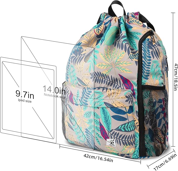 Drawstring Backpack with Mesh Pockets String Gym Bag Sackpack Sandproof Water Resistant Beach Backpack for Men Women