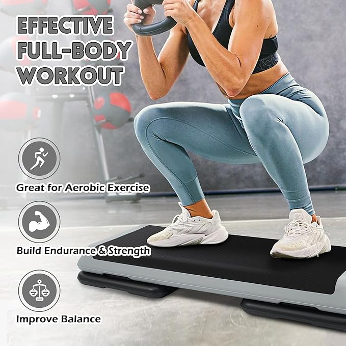 Step Aerobic Platform, Exercise Step with 5 levels Adjustable Height, 4 Stackable Risers, Fitness Training Workout Stepper for Home Gym, Cardio Strength, Multiple Options