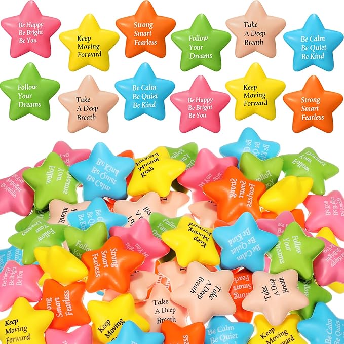 Aoriher 60 Pcs Motivational Stress Balls Quotes Inspirational Funny Colorful Foam Balls Hand Exercise Stress Relief Gifts for Office Small Anxiety Toys for Motivating Encouraging Supply(Star)