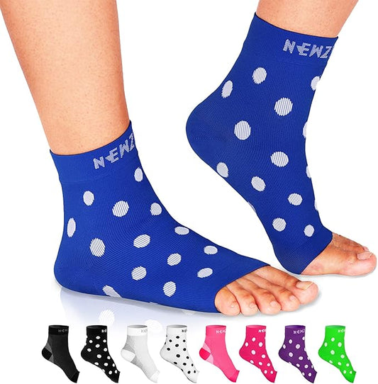 NEWZILL Plantar Fasciitis Socks with Arch Support, BEST 24/7 Foot Care Compression Sleeve, Eases Swelling & Heel Spurs, Ankle Brace Support, Increases Circulation (S/M, Blue w White Dots)