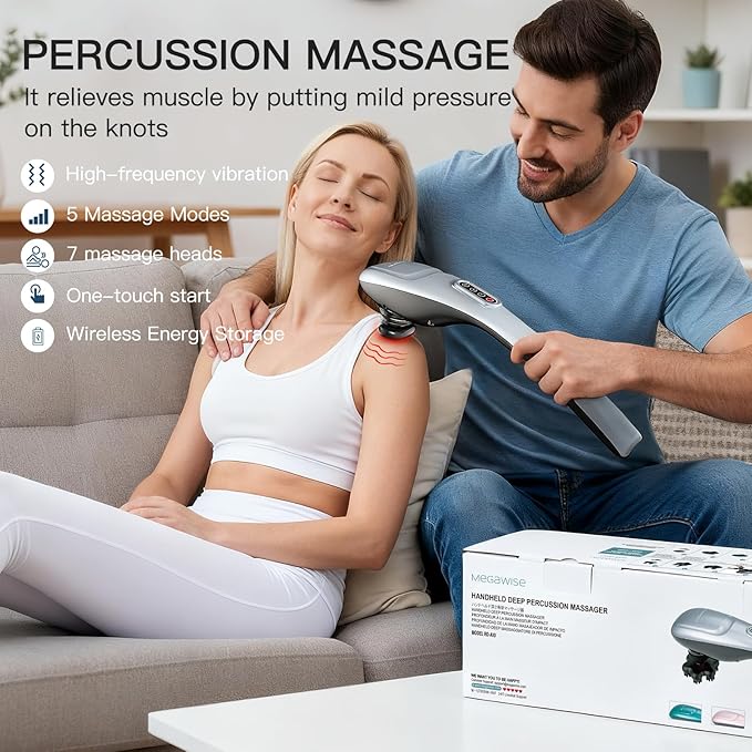 MEGAWISE Handheld Back Massager | Deep Tissue Percussion Massage for Back, Neck, Shoulders, Waist and Legs (Cordless Silver)