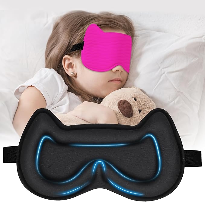 3D Kids Sleep Eye Mask: 3D Contoured Cup Sleeping Masks, Blindfold Sleep Eye Cover with Adjustable Strap, Memory Foam Lightweight Night Eyeshade for Boys Girls Teens (Rose Red)