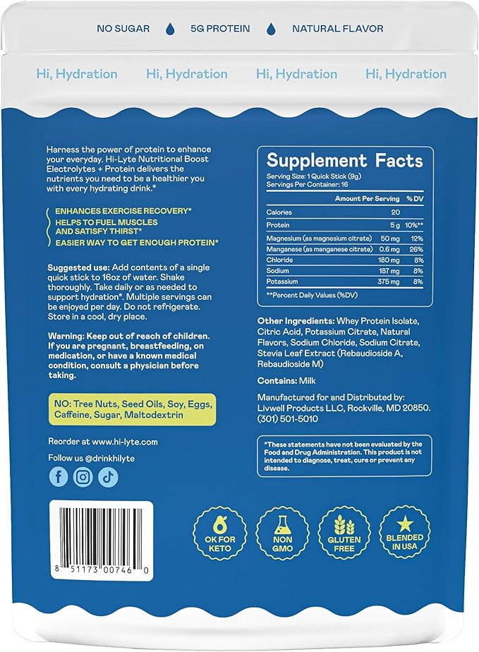 Hi-Lyte Electrolytes + Protein Quick Sticks Raspberry Lemon, 16 Servings - Sodium, Potassium, Whey Protein - Keto Friendly - 5g Protein, No Sugar