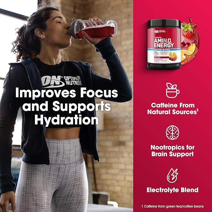 Optimum Nutrition Amino Energy Powder Plus Focus, with BCAA, Electrolytes, and Caffeine, Fruit Punch, 65 Servings (Packaging May Vary)