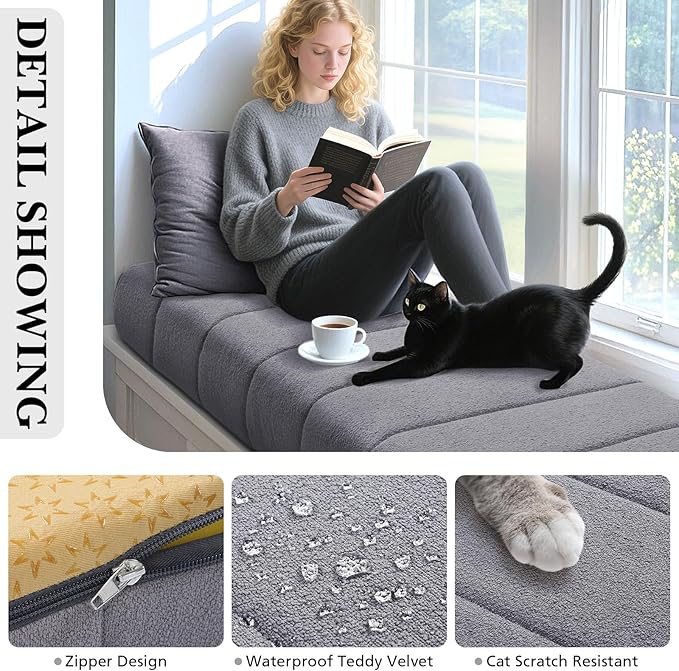 Wenqik Bench Cushion 42x16x4 Inch for Indoor Outdoor Furniture Tufted Thicken Bay Window Seat Cushion Non Slip Waterproof Dining Piano Bench Pad Pillow Anti Cat Scratch for Patio Porch Swing, Gray