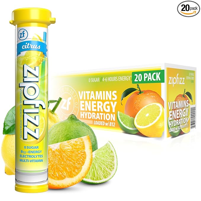 Zipfizz Daily Energy Drink Powder, Citrus, 20 Pack, 3-in-1 Sustained Energy, Rapid Hydration, and Essential Vitamins, Sugar-Free, Electrolyte Powder, Contains Vitamin B-12 & Antioxidants