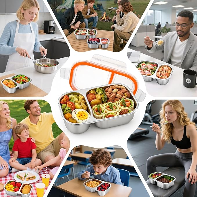 Palksky Lunch Containers Meal Prep Containers Stainless Steel, 2 Compartment Food Storage Containers with Leak-Proof Lids, Reusable Airtight Bento lunch Boxes, Kitchen Storage, Freezer (4 Packs)