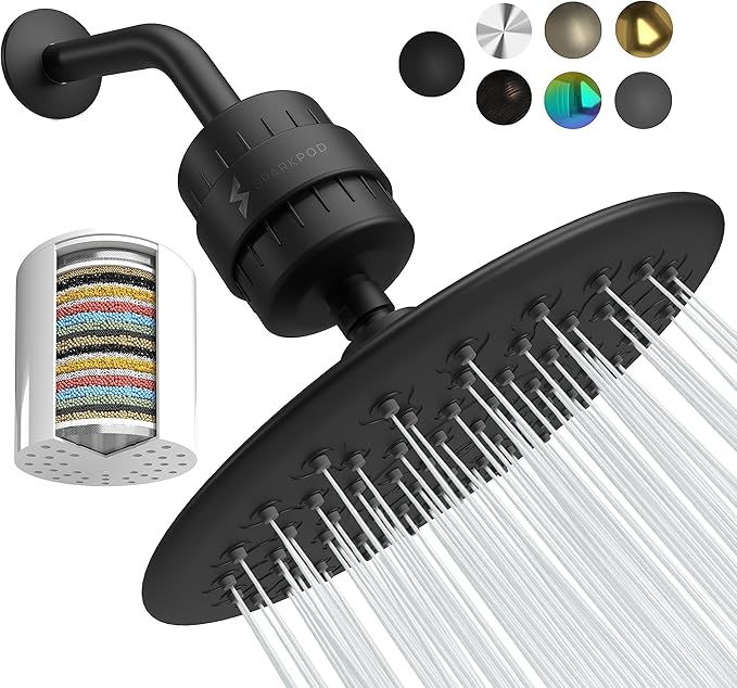 SparkPod Luxury Filtered Shower Head Set 23 Stage Shower Filter - Reduces Chlorine and Heavy Metals - High Pressure Showerhead Filter (9.5" Round, Midnight Black Matte)