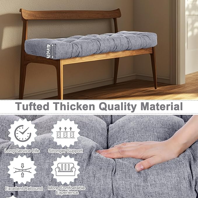 2 Pack Outdoor Bench Cushion Patio Waterproof Porch Swing Cushions Tufted Memory Foam Bench Seat Pads Thicken Non Slip for Outside Indoor Garden Furniture Wicker Loveseat Settee(Gray,42x16 Inch)