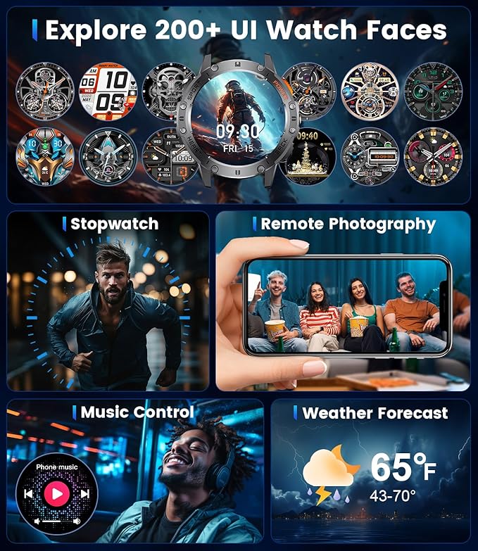 DREMAC Military Smart Watches for Men for Android/iPhone,1.43''AMOLED Display Sport Watch with 123 Sport Modes/Flashlight,5ATM Waterproof Fitness Tracker with Heart Rate/Sleep Monitor,Metal Strap