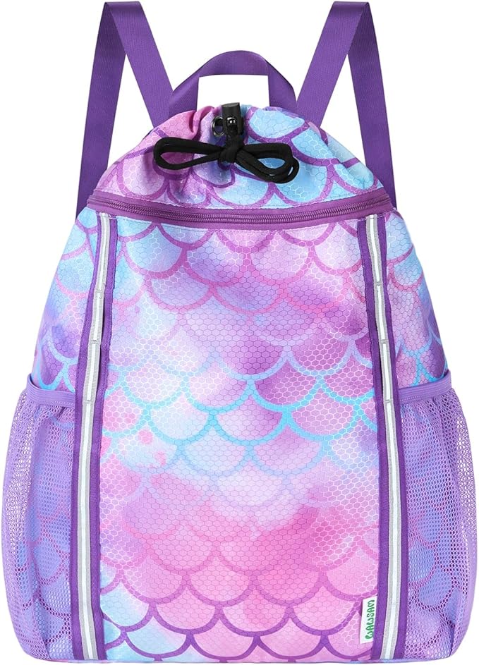 WAWSAM Kids Gym Drawstring Backpack String Bag, Mermaid Sports Gym Bag for Kids Girls Waterproof Swimming Beach String Cinch Backpack with Two Water Bottle Pocket