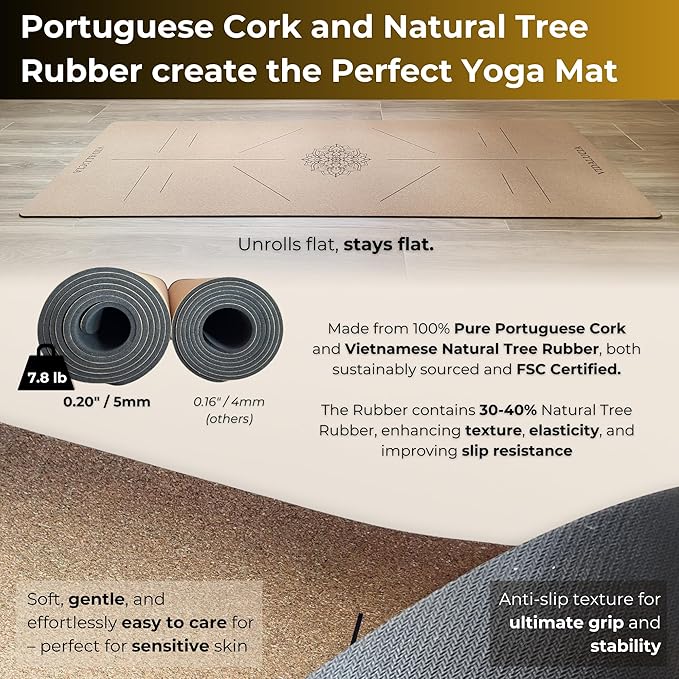 Cork Yoga Mat - Extra Large 72"x26" Non-Slip Yoga Mat with FSC Certified Portuguese Cork & Natural Rubber Base – 5mm Thick Hot Mat for Home & Studio – Yoga Accessories for All Levels