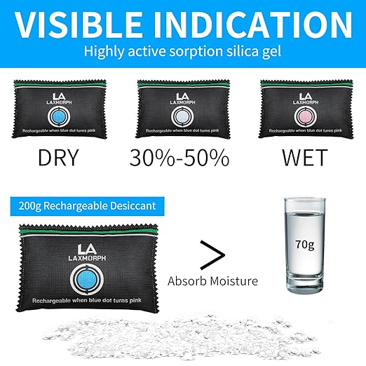 200g Rechargeable Desiccant, Moisture Absorbing Bag Reusable & Absorbs Moisture & Humidity, Rechargeable Dehumidifier Bag for Gun Safe,Cars,Bins,Totes,Food Storage,Clothes,Suitcase(6, Black)