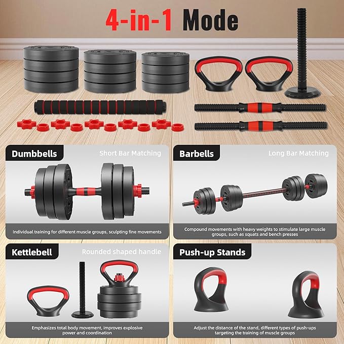 Multi-Functional Portable Changeable Dumbbell and Barbell Kettlebell Set with Adjustable Weights, 40LBS or 60LBS Sets, 2-in-1 or 4-in1, Multiple Styles