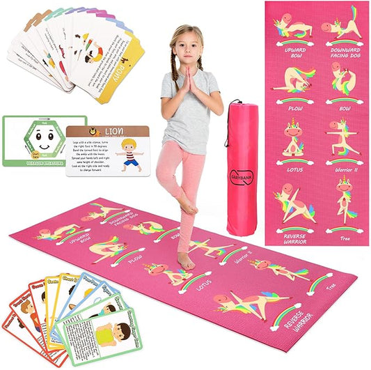 Garybank Kids Yoga Mat Set - Non-slip Exercise Mats with Fun Prints - 12 Yoga Cards - Carrier Bag - Odor Free Non-Toxic, Cute Yoga Mat for Girls & Boys (60 X 24 X 0.2 Inch)