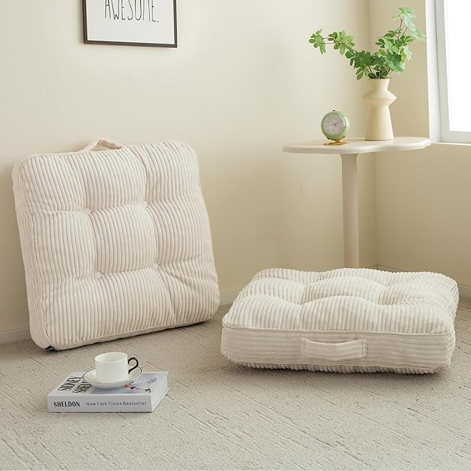 Washable Floor Pillow Cushion for Adults, Meditation Cushion Pillow, Large Square Floor Sitting, Removable Tufted Corduroy Cover, for Tatami Living Room or Yoga, 22x22 Inch, 2Pack, Machine Washable