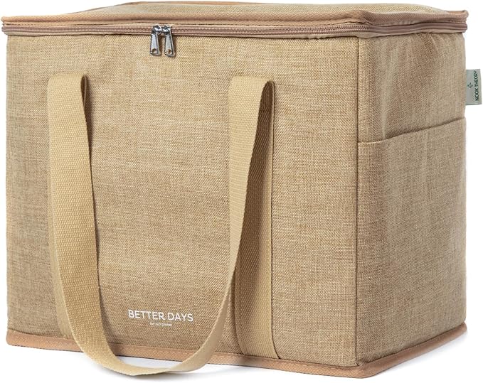 Nook Theory Reusable Insulated Grocery Bag - Leak Proof, X Large Insulated Cooler Bag - Insulated Shopping Bags for Groceries - Travel Cooler Bag for Frozen and Hot Food with Zippered Top (Jute)