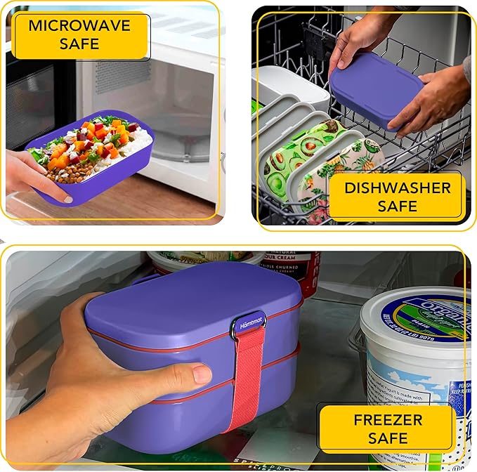 Insulated Stackable Bento Box for Adults with Reusable Chopsticks Japanese Lunch Box Microwavable & Leak Proof Lunch Containers for Men & Women Modern Cute Food Container with Compartments (Lavender)