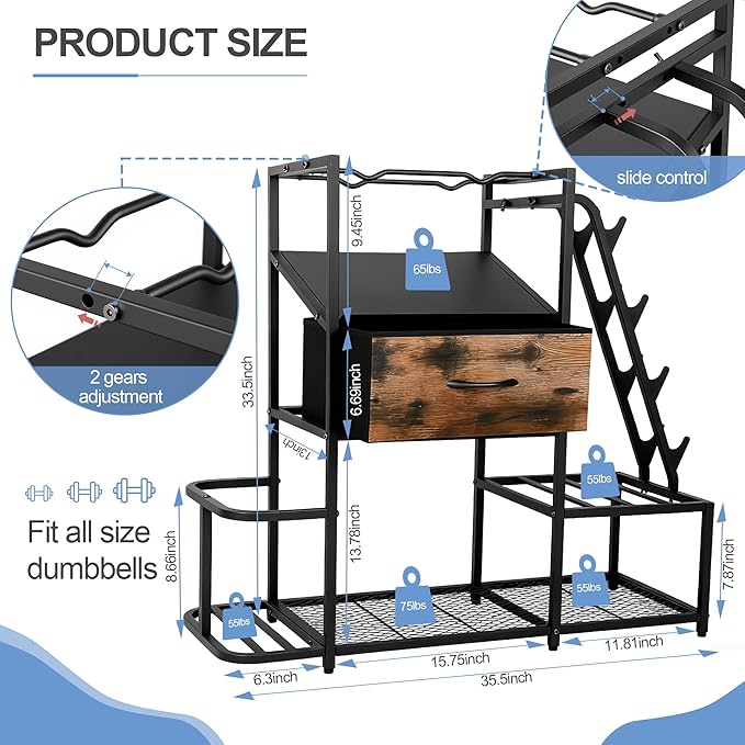 Dumbbell Rack for Home Gym, 5-Tier Metal Home Gym Storage Rack with Drawer and Slanted Shelf, Multi-Functional Organizer for Dumbbells, Yoga Mats & Accessories, Weight Rack for Home Gym Dumbbells