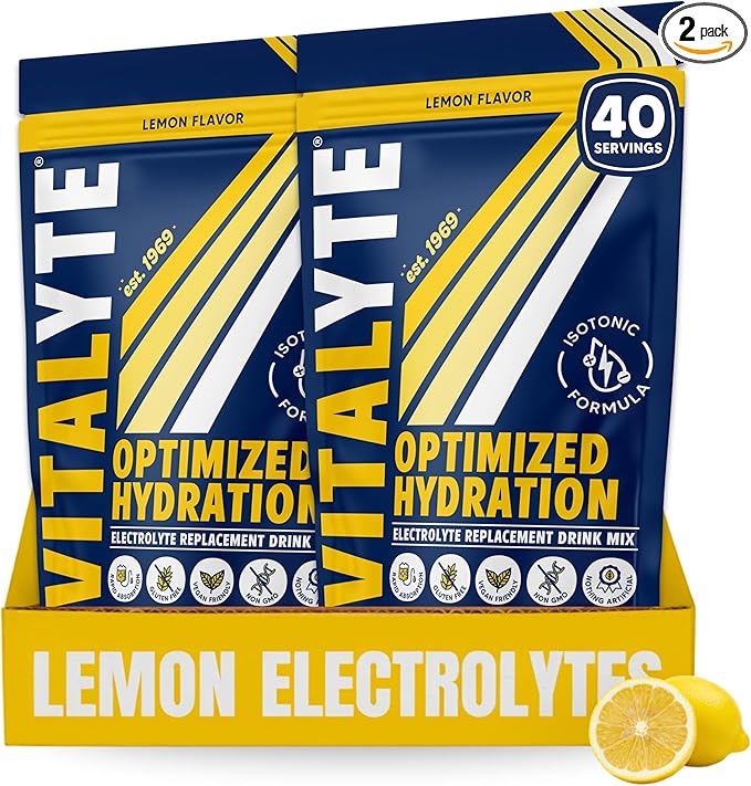 Vitalyte Electrolyte Powder Drink Mix, Isotonic Electrolyte Hydration Mix, Gluten Free Post Workout Powder Mix, Pack of 2, 35 oz. Each, Lemon Flavor