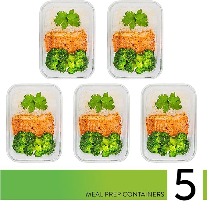 PrepNaturals 5 Pack 36 Oz Glass Meal Prep Containers - Dishwasher Microwave Freezer Oven Safe - Glass Storage Containers with Lids