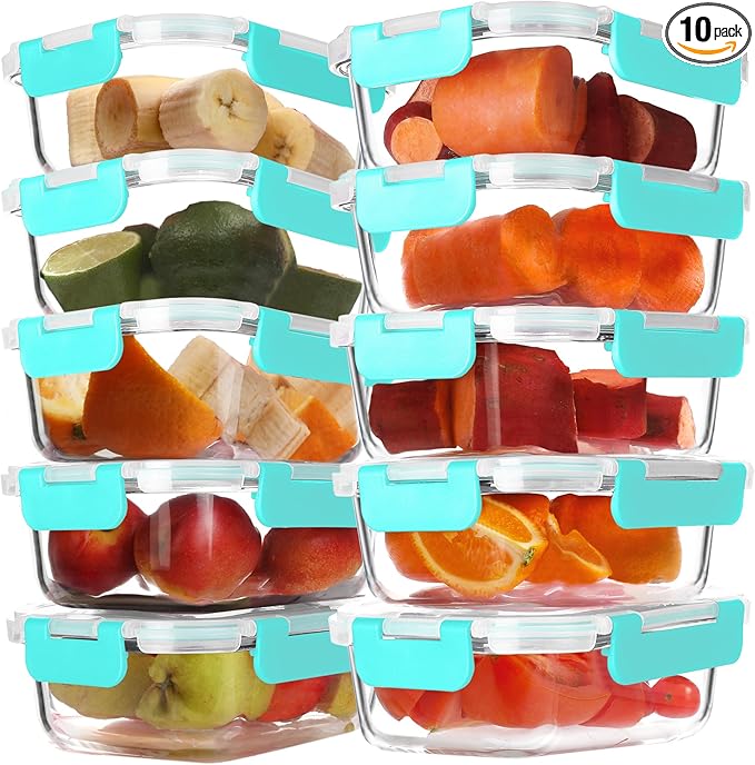 BAYZZ 10 Pack 22 oz Glass Meal Prep Containers, Glass Food Storage Containers with Airtight Lids, BPA-Free, Freezer and Microwave Safe, Green