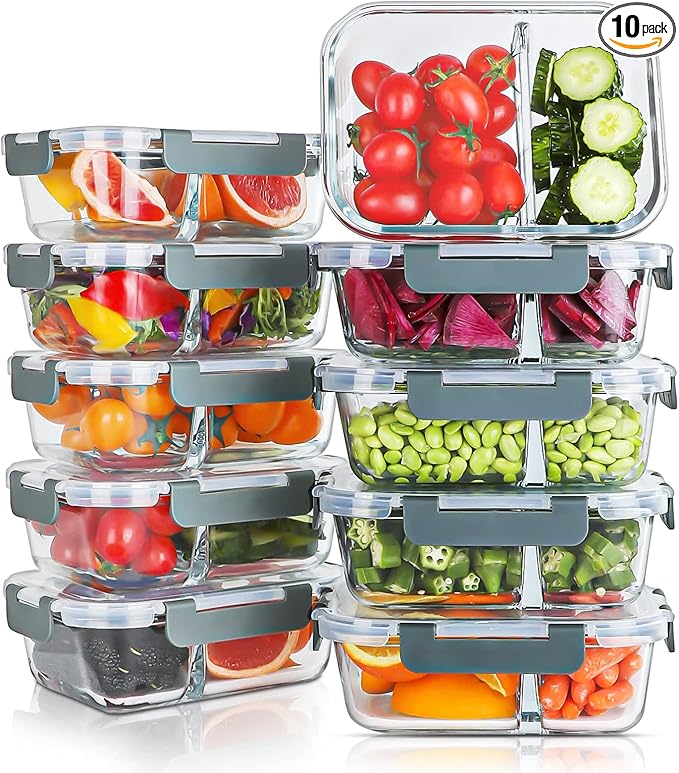 KOMUEE 10 Packs 30oz Glass Meal Prep Containers 2 Compartments,Glass Food Storage Containers with Lids,Airtight Lunch Bento Boxes,Microwave,Oven,Freezer and Dishwasher Safe