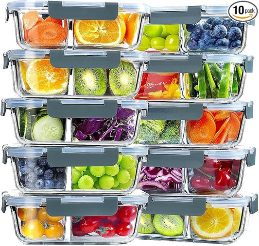 VERONES 10 Pack Glass Meal Prep Containers 2 Compartment Set, 30 OZ Airtight Glass Lunch Containers, Glass Food Storage Containers with Lids, for Microwave, Oven, Freezer & Dishwasher Friendly,Grey