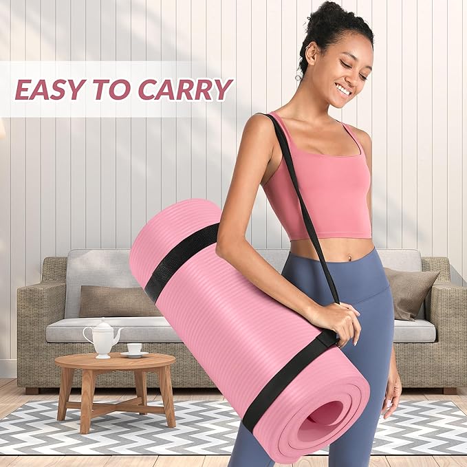 BalanceFrom 1-Inch Thick High-Density Exercise Yoga Mat, Non-Slip Workout Mat with Carry Strap for Men & Women, Ideal for Pilates, Stretching & Floor Exercises at Home or Gym, Multiple Color