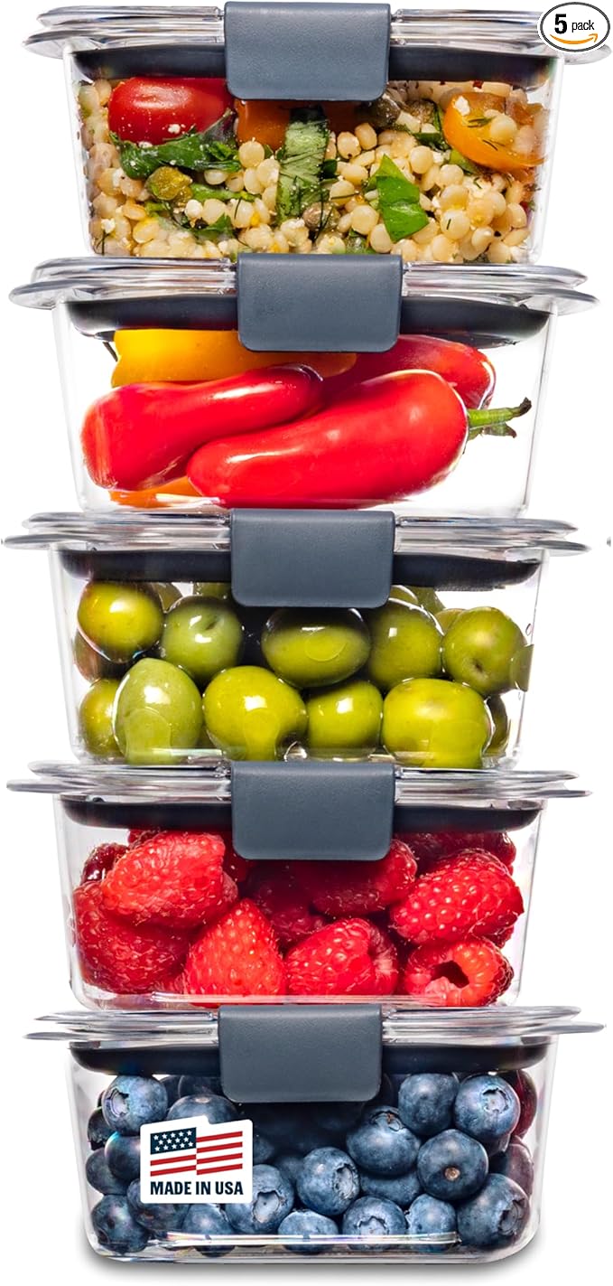Rubbermaid Brilliance BPA-Free Food Storage Containers Multi Pack, 1.3 Cup Plastic Containers with Lids, 5 Pack, Leak Proof, Microwave & Dishwasher Safe