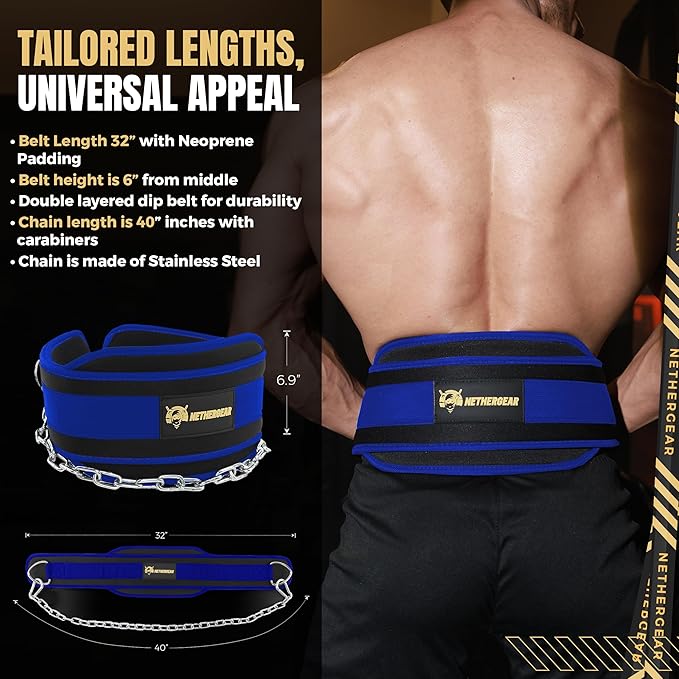 Dip Belt for Weight Lifting with 36” Heavy-Duty Steel Chain, Comfortable Neoprene & Strong Stitching, Weighted Belt Ideal for Bodybuilding, Powerlifting, Pull Ups & Squats