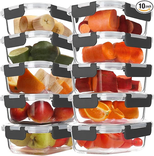 BAYZZ 10 Pack 22 oz Glass Meal Prep Containers, Glass Food Storage Containers with Airtight Lids, BPA-Free, Freezer and Microwave Safe