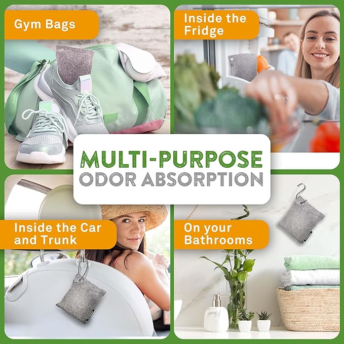 Charcoal Odor Absorber for Strong Odor (6 Pack, 100g each), Bamboo Charcoal Air Purifying Bag, Basement Musty Odor Eliminator Deodorizer, Activated Charcoal Odor Absorber for Closet, Shoe, Car