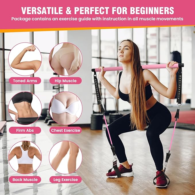 Upgraded Pilates Bar Kit, Durable Pilates Bar Kit with Resistance Bands for Women & Men -with Workout Guide Perfect for Beginner - Pilates Equipment for Home, Gym, Travel, Office Use