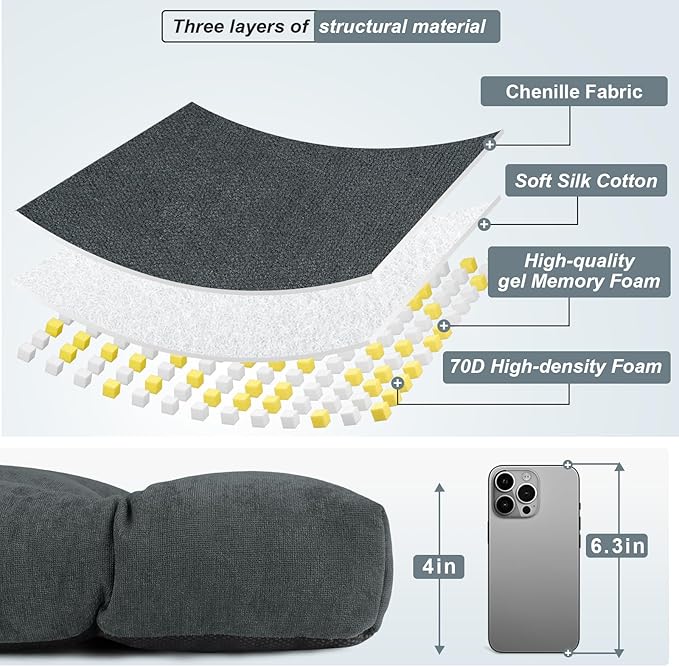 Bench Cushion 36 Inch - Chenille Fabric, High-Density Foam, Non-Slip Bottom, Soft Durable Indoor Tufted Long Seat Cushion for Window Garden Furniture (Dark Gray, 36x14x4 Inch)