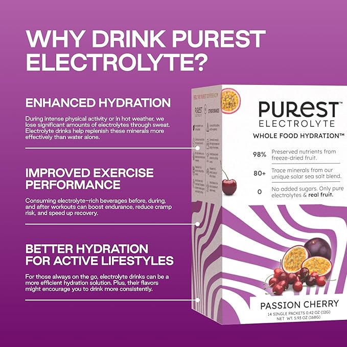 Purest Electrolyte Passion Cherry Powder Packets – Whole Food Hydration - Organic Freeze-Dried Fruits and Solar Sea Salts for Ultimate Electrolyte Balance
