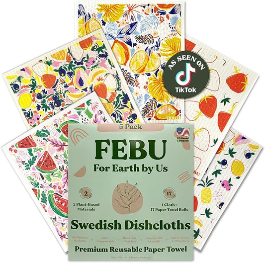 FEBU Swedish Dishcloths for Kitchen | 5 Pack Fruit Pattern Reusable Paper Towels Washable | Swedish Dish Towels | Non-Scratch Cellulose Sponge Cloths | No Odor, Biodegradable Cleaning Cloths