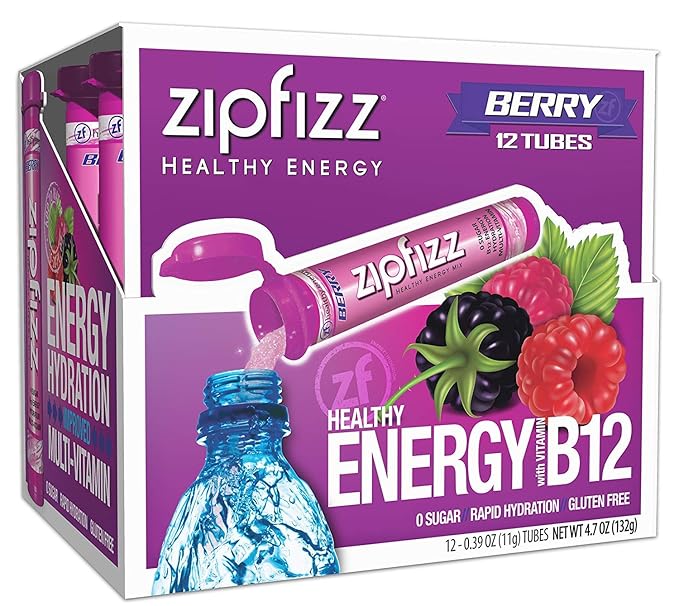 Zipfizz Daily Energy Drink Powder, Berry, 12 Pack | 3-in-1 Sustained Energy, Rapid Hydration, and Essential Vitamins | Sugar-Free | Electrolyte Powder | Contains Vitamin B-12 & Antioxidants