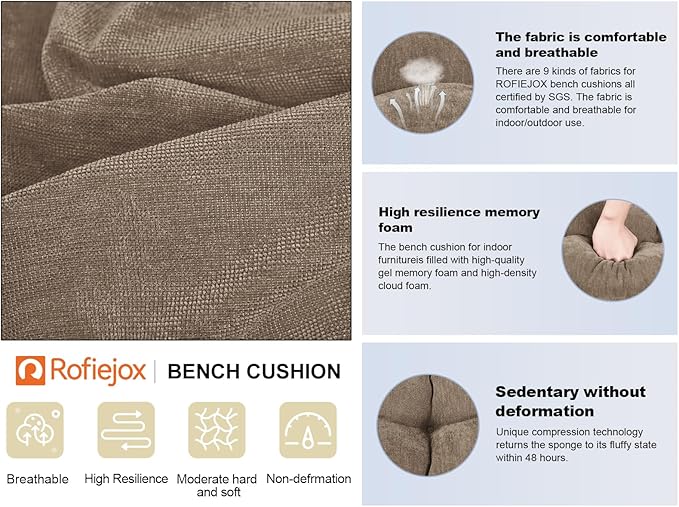 Bench Cushion 42 Inch - Chenille, High-Density Memory Foam, Non-Slip Bottom, Soft Durable Indoor Tufted Long Seat Cushion for Window Garden Furniture (Brown, 42x16x4 Inch)