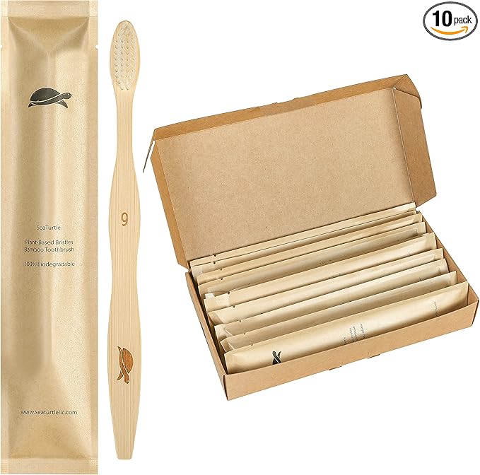 Sea Turtle Plant-Based Bristles, Soft Bamboo Toothbrushes, Individually Sealed (10 Pack)