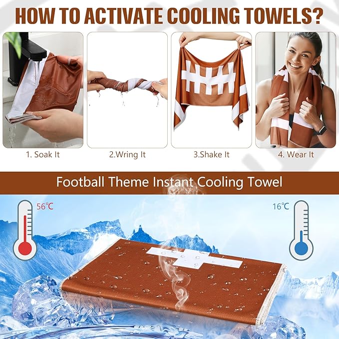 12 Pcs Football Cooling Towels, 40''x12 Football Breathable Chilly Ice Towel, Ice Microfiber Foot Ball Field Black White Stripe Cooling Rag for Team Coach Gift Sport Party Favors