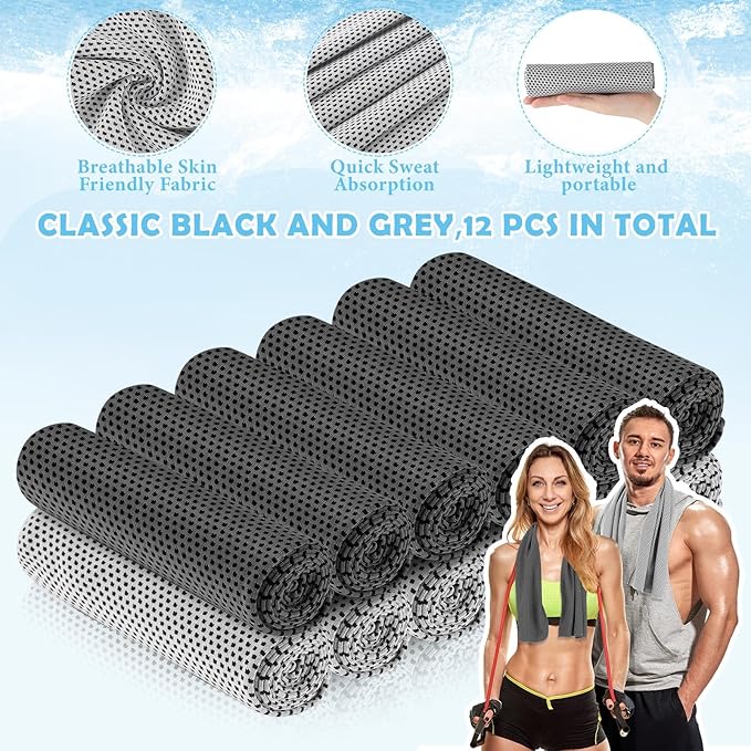 12 Pack 32 x 12 in Cooling Towels Bulk for Neck and Face Microfiber Ice Towel Sweat Towels Breathable Soft Chilly Towel Portable Cool Neck Rags for Yoga Sport Gym Workout Fitness