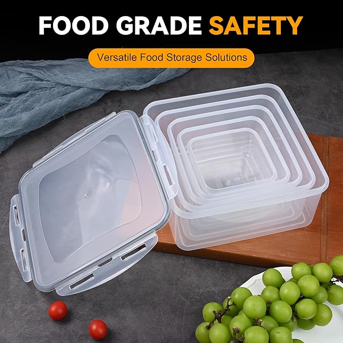 5pc Food Storage Containers with Lids, Airtight Leakproof BPA Free Plastic Meal Prep Boxes, Stackable Nesting Kitchen Containers, Reusable Freezer Dishwasher Safe for Snacks, Fruit & Leftovers