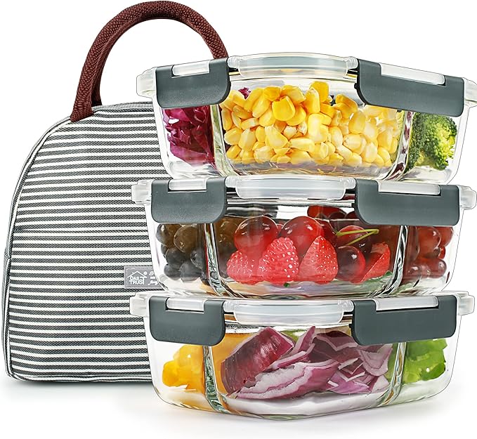 DAS TRUST 3 Pack Bento Box Glass Meal Prep Container 3 Compartment Glass Food Storage Containers with Lids Meal Prep Bowls Lunch Box for Oven