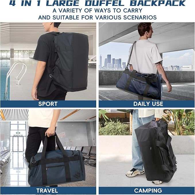 Duffle Backpack Heavy Duty Gym Bag for Men, 50L Convertible Travel Duffel Water Resistant Large Hand Bag for Sport Weekend, Black