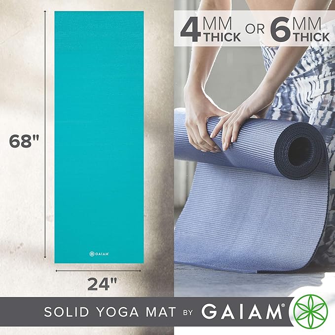 Gaiam Yoga Mat - Premium 5mm Solid Thick Non Slip Exercise & Fitness Mat for All Types of Yoga, Pilates & Floor Workouts (68" x 24" x 5mm)