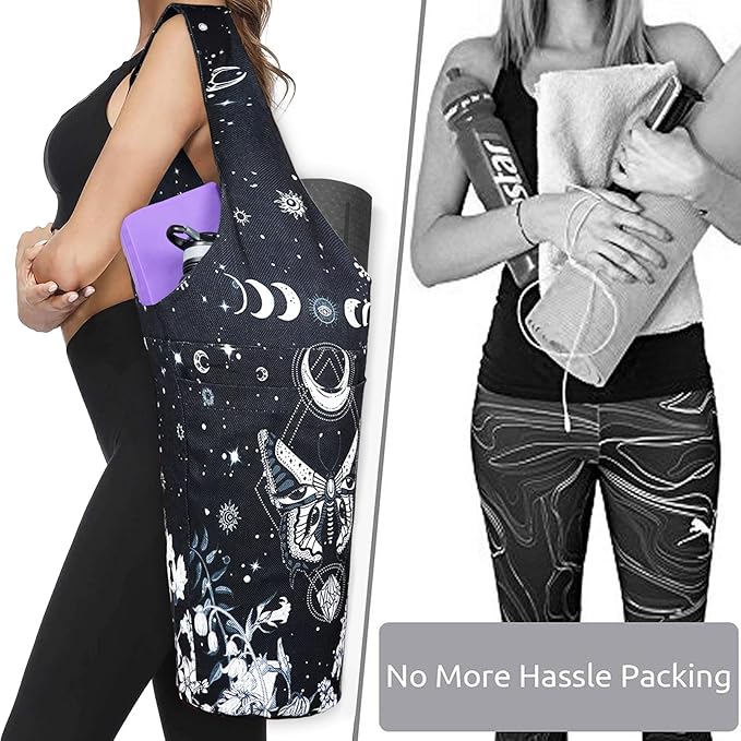 Fashion Printed Yoga Mat Bag with Large Side Pocket & Zipper Pocket Long Tote Yoga Bag Fit Most Size Mats - Holds More Yoga Accessories
