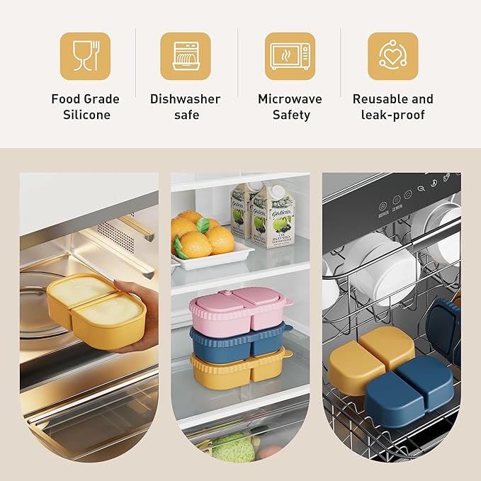 3 Pack Reusable Silicone Snack Containers with Lids, 8.5oz 2 Compartment Snackle Box Containers,Ideal Portable Small Food Storage Box for School, Office and Picnic(Blue, Pink, Yellow)